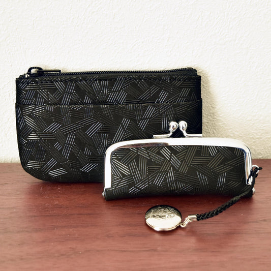 バンブー柄小銭入れ＆印鑑ケース(黒革×黒漆）