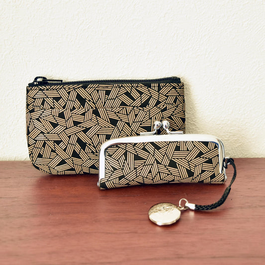 バンブー柄小銭入れ＆印鑑ケース(黒革×白漆）